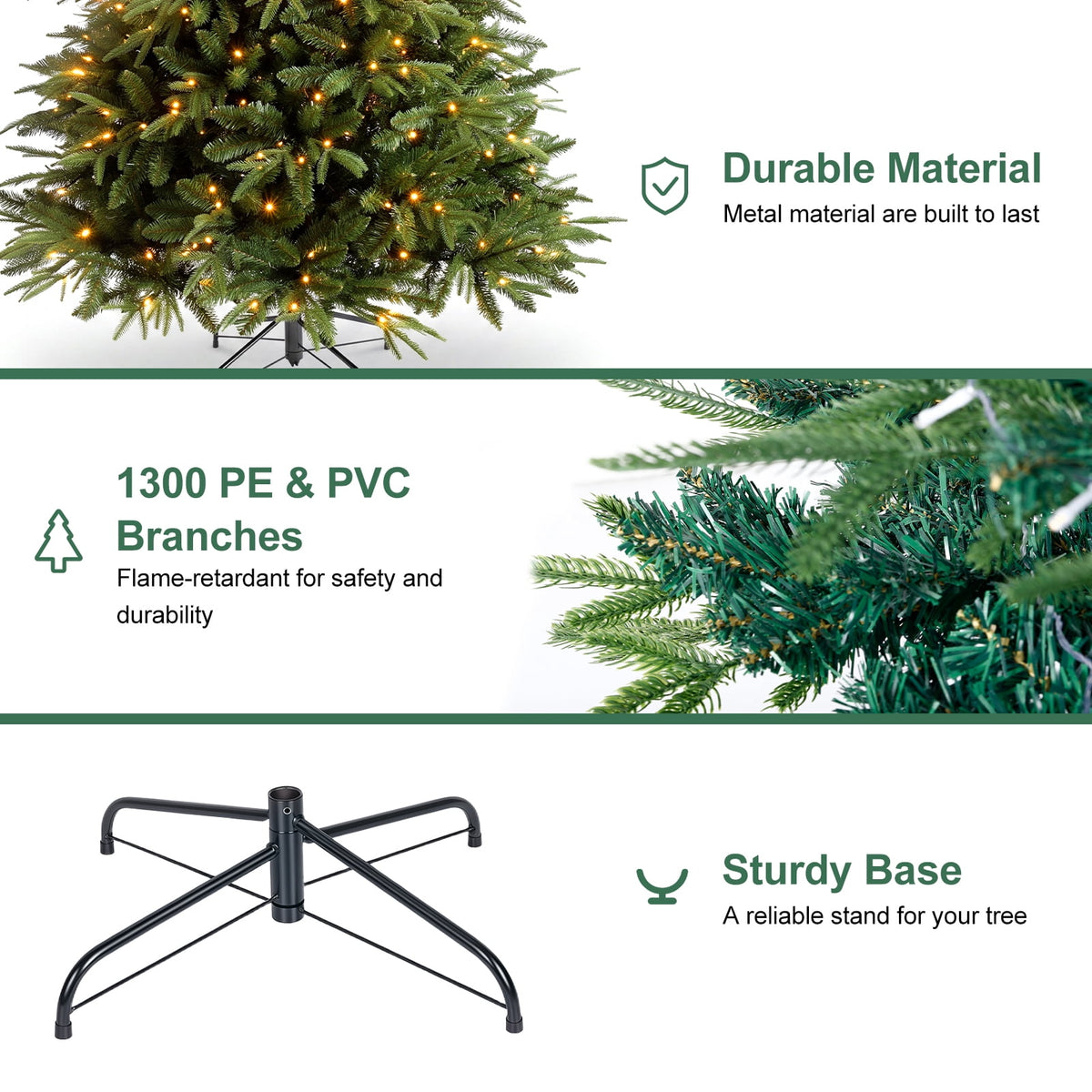 7ft Prelit Artificial Christmas Tree, 1300 PE/PVC Tips, Living Room Full Realistic Shape Spruce Xmas Tree with LED Lights, Foldable Metal Stand, Easy Assembly, for Home Office Holiday Decor