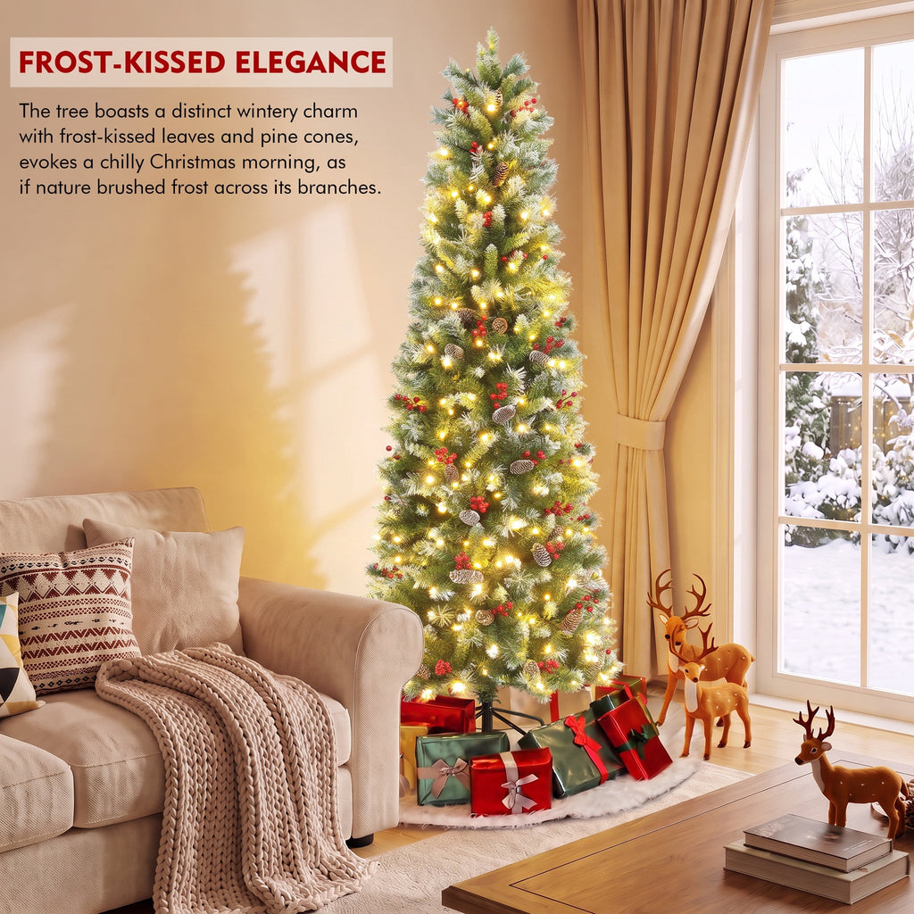 Legooin 6FT Pre-lit Christmas Tree Flocked Artificial Xmas Tree with 800 Branch Tips, 300 LED Lights, 51 Pinecones, for Christmas Holiday Decor, Green