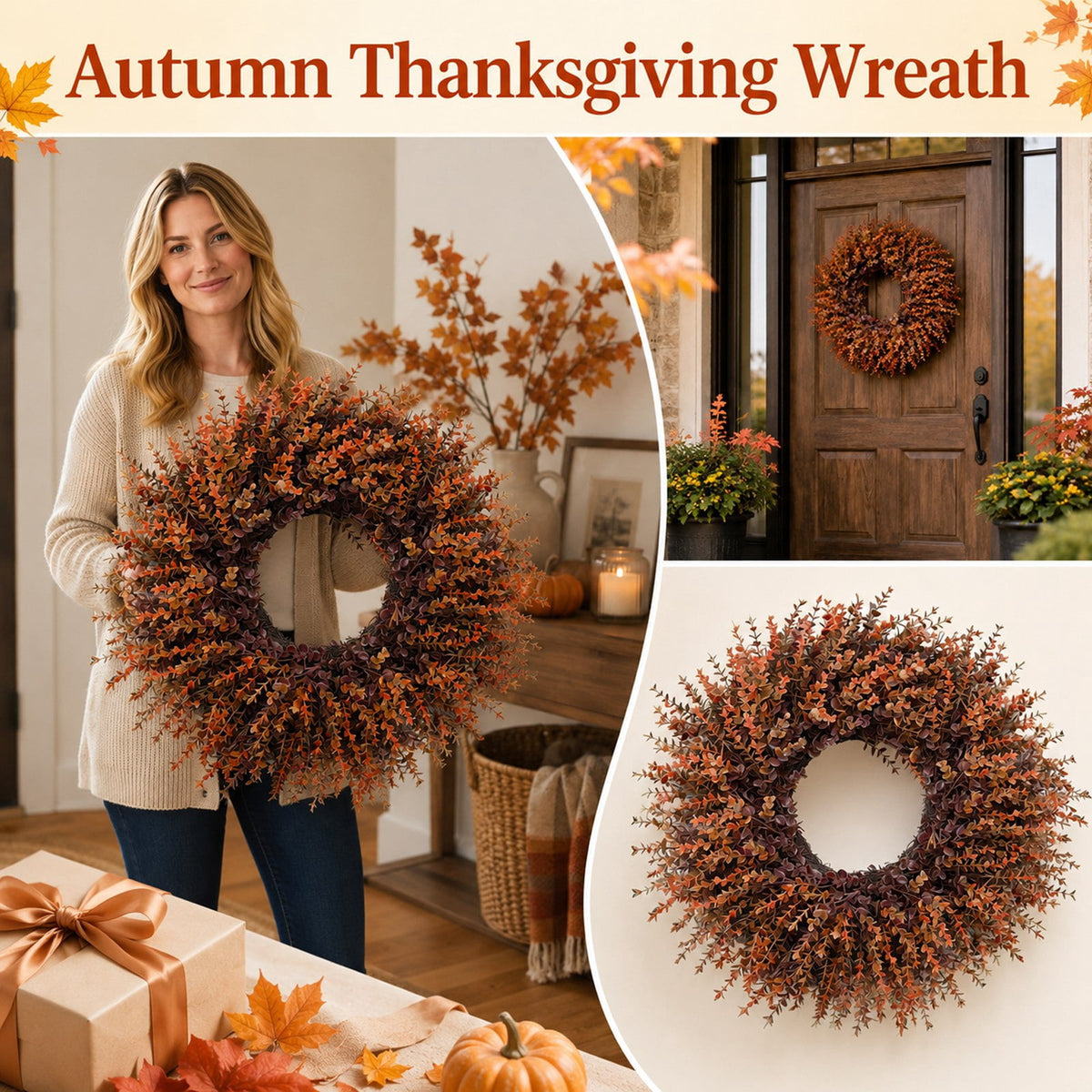Wreath 28 Inch Artificial Faux Leaf Thanksgiving Wreath for Front Door Home Seasonal Decor