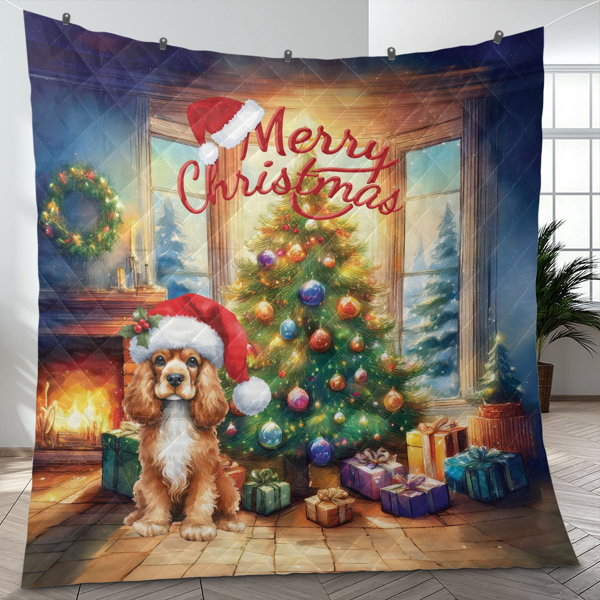 Merry Christmas French Bulldog Santa Hat Xmas Tree Winter Holiday Quilt Bedding Set Dog Lover Gifts 1 Blanket Bed Cover 2 Pillowcases - 01013
