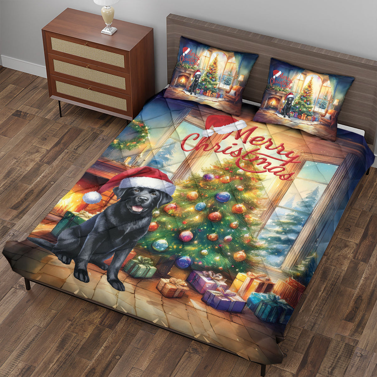 Merry Christmas French Bulldog Santa Hat Xmas Tree Winter Holiday Quilt Bedding Set Dog Lover Gifts 1 Blanket Bed Cover 2 Pillowcases - 01013