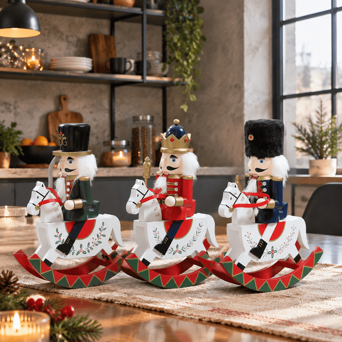 Gingerbread Wooden Nutcracker Rocking Horse Soldier Figurine Indoor Christmas Decor