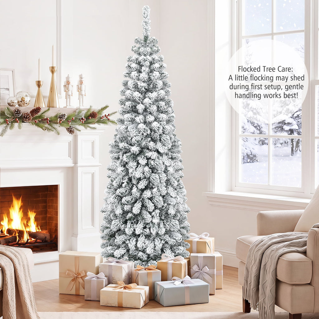 Costway 7.5 FT Unlit Flocked Pencil Christmas Tree Hinged with 641 Branch Tips