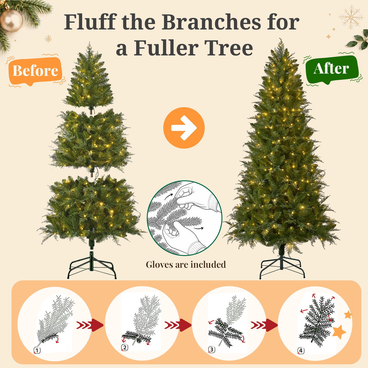 Goosiay 6FT Pre-Lit Artificial Christmas Tree, Slim Cypress Christmas Tree with Realistic Branches, 877 PE & PVC Tips and 250 Lights for Living Room, Office, Bedroom and Indoor Holiday Decor