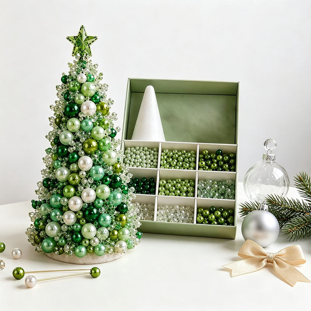 DIY Beaded Christmas Tree Kit - Handmade Mini Tabletop Xmas Tree with Santa Topper, Built-In Warm Lights, Holiday Decor Craft Gift for Adults