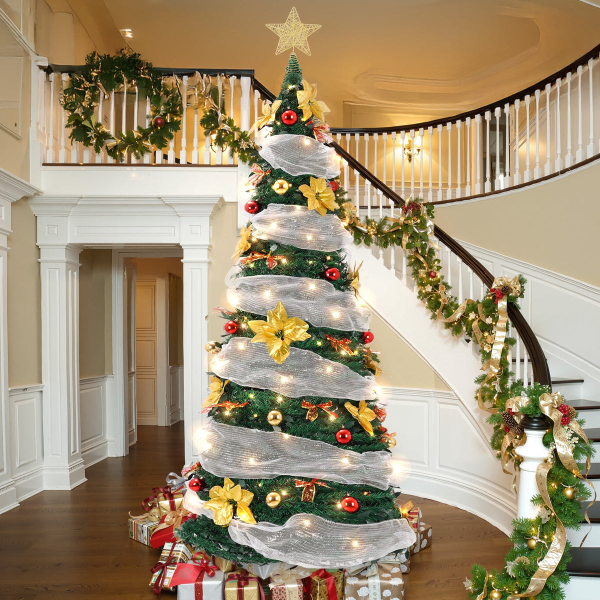 Yexmas 7.5FT Pre-Lit Christmas Tree,Green Pop Up Christmas Trees for Indoor Holiday Party Decorations