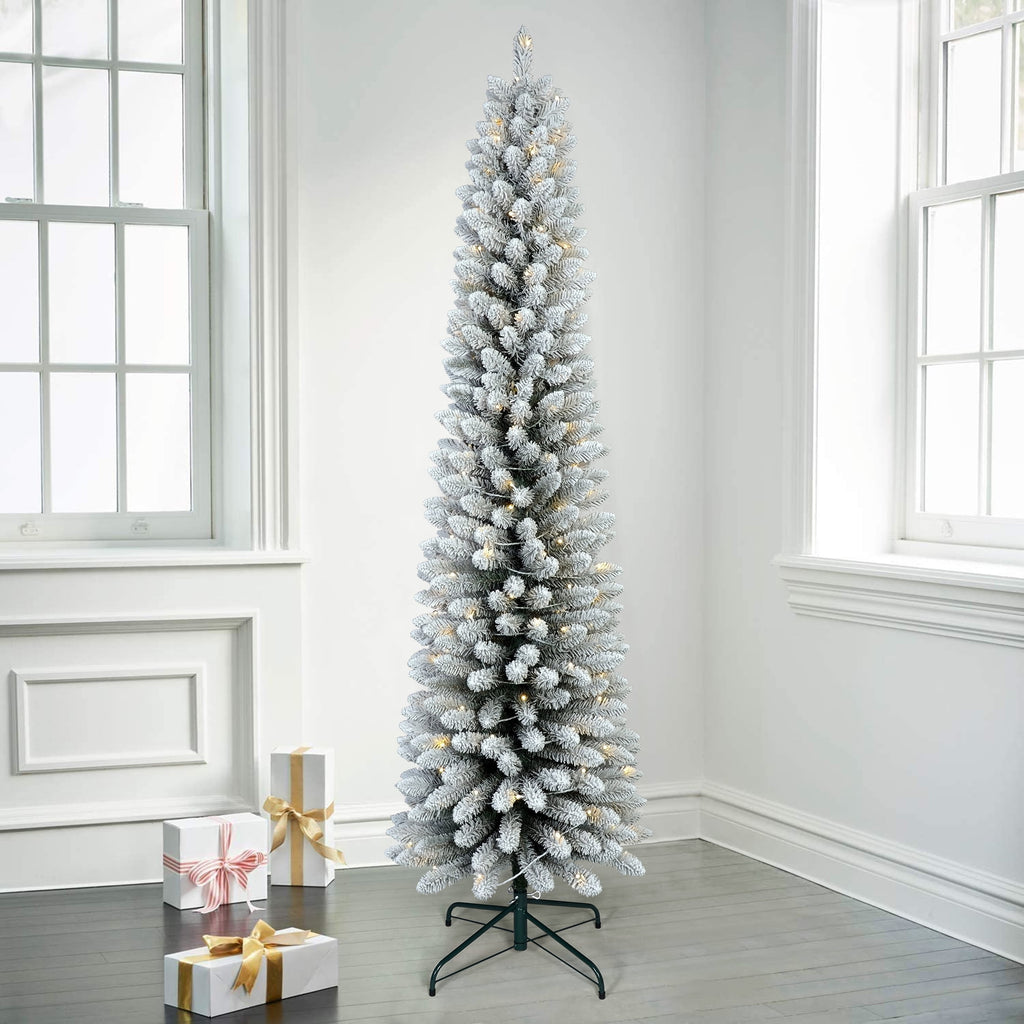 Bringstar 6FT Pre-Lit Pencil Christmas Tree,Green Artificial Xmas Trees, 150 LED Warm White Lights