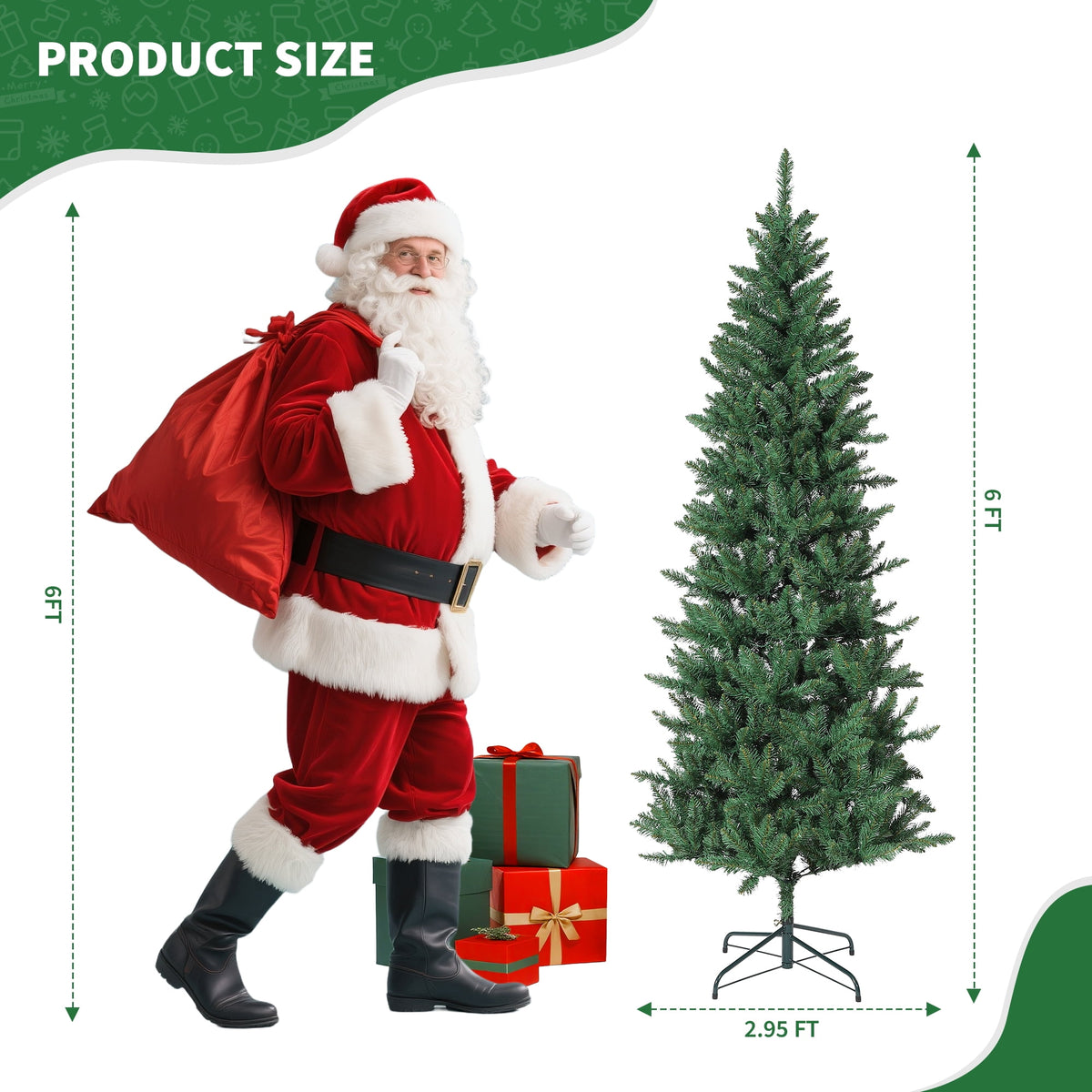 6ft/7.5ft/9ft Pencil Christmas Tree with LED Lights & Metal Stand, Pre-Lit Slim Artificial Holiday Trees,Christmas Decorations for Office,Home,Holiday