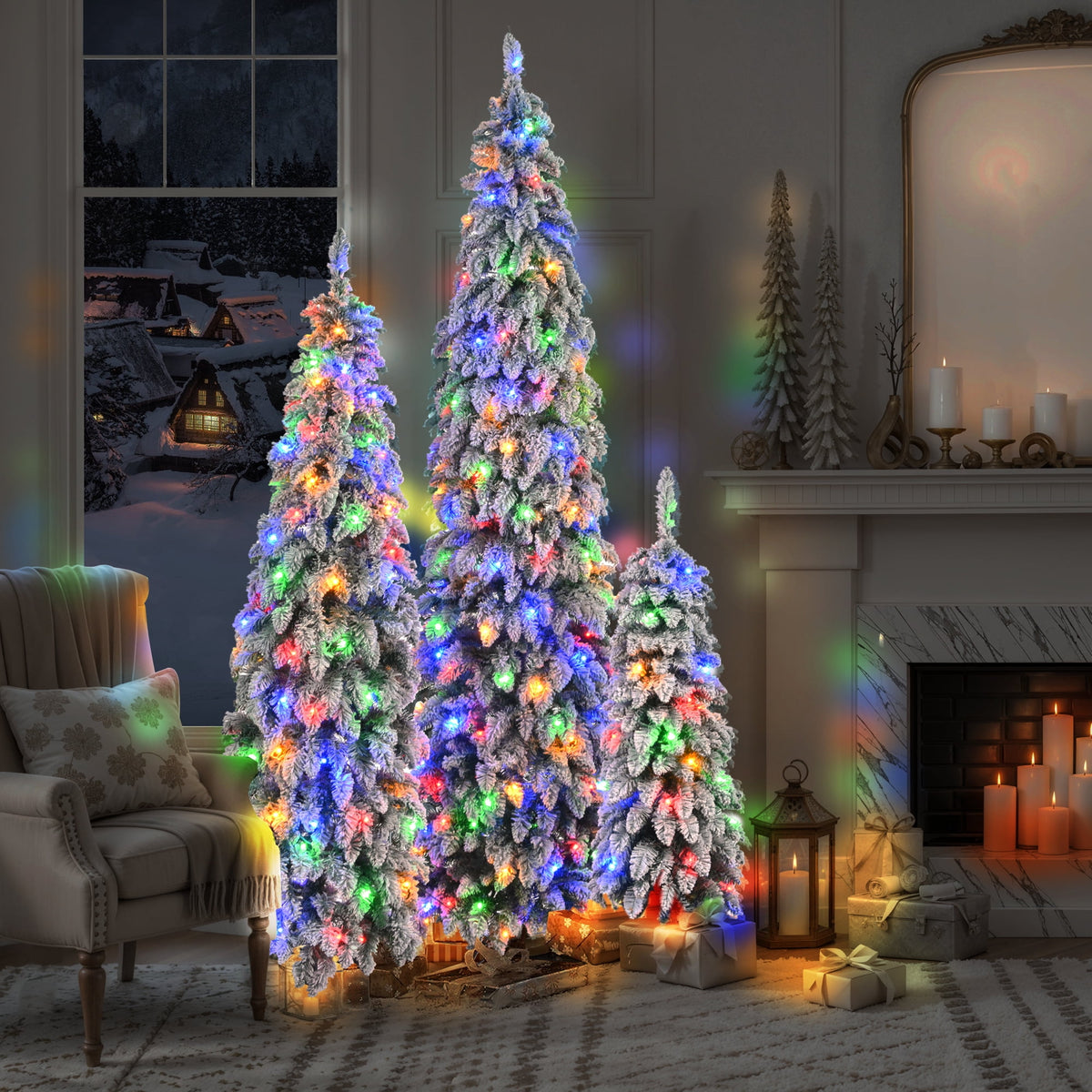 Euroco 8FT, 6FT, 4FT Pre-Lit Pencil Christmas Trees, 3-set Slim Artificial Christmas Tree With Snow Flocking, Xmas Holiday Decoration Tree, 1455 Branch Tips, 520 LED Lights, 11 Lighting Modes