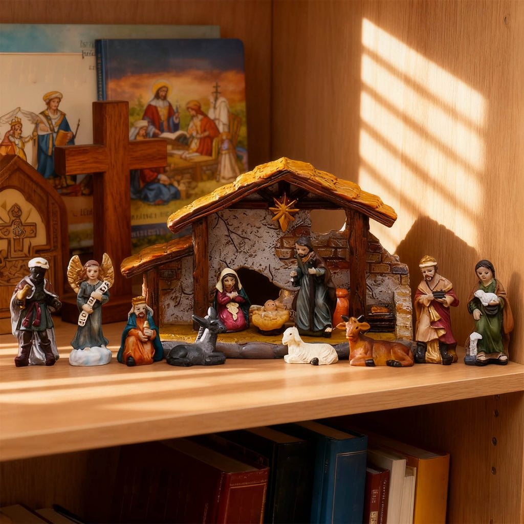 Nativity Set Christmas Indoor 16 Piece 2.36 inch Scene Statue Figurines Jesus Manger Crib Ornament Church Xmas Gift Home Decoration