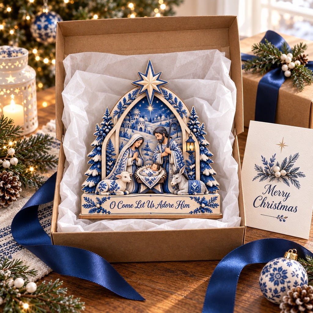 Wooden Block Blue and White Nativity Scene for Tabletop Display, Christian Christmas Gift
