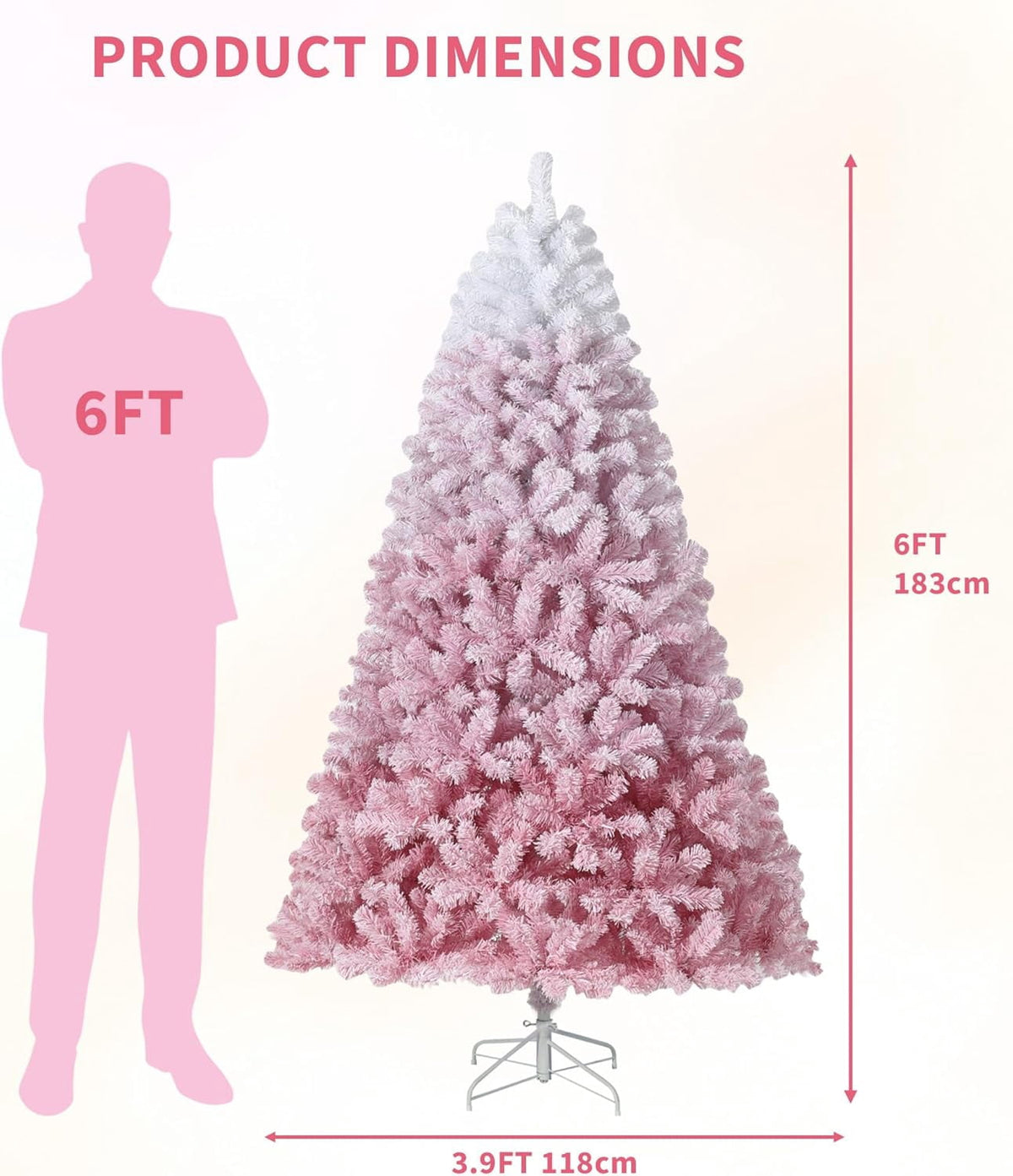 4.5/6/7.5/9/12 ft Artificial Christmas Tree with Warm White LED Lights, Pink Gradient Snow Frosted Xmas Tree for Holiday Decoration with 300 Realistic Branch Tips & Metal Stand