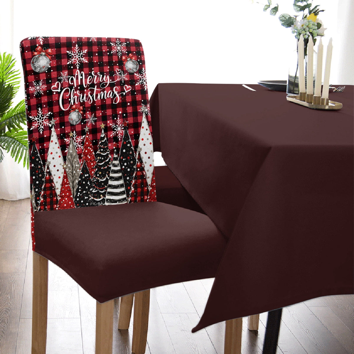 Merry Christmas Dining Chair Covers Set of 8, Winter Farmhouse Pine Tree Snowflake Red Plaid Chair Covers for Dining Room Removable Seat Protectors Slipcovers for Home Party Wedding Banquet