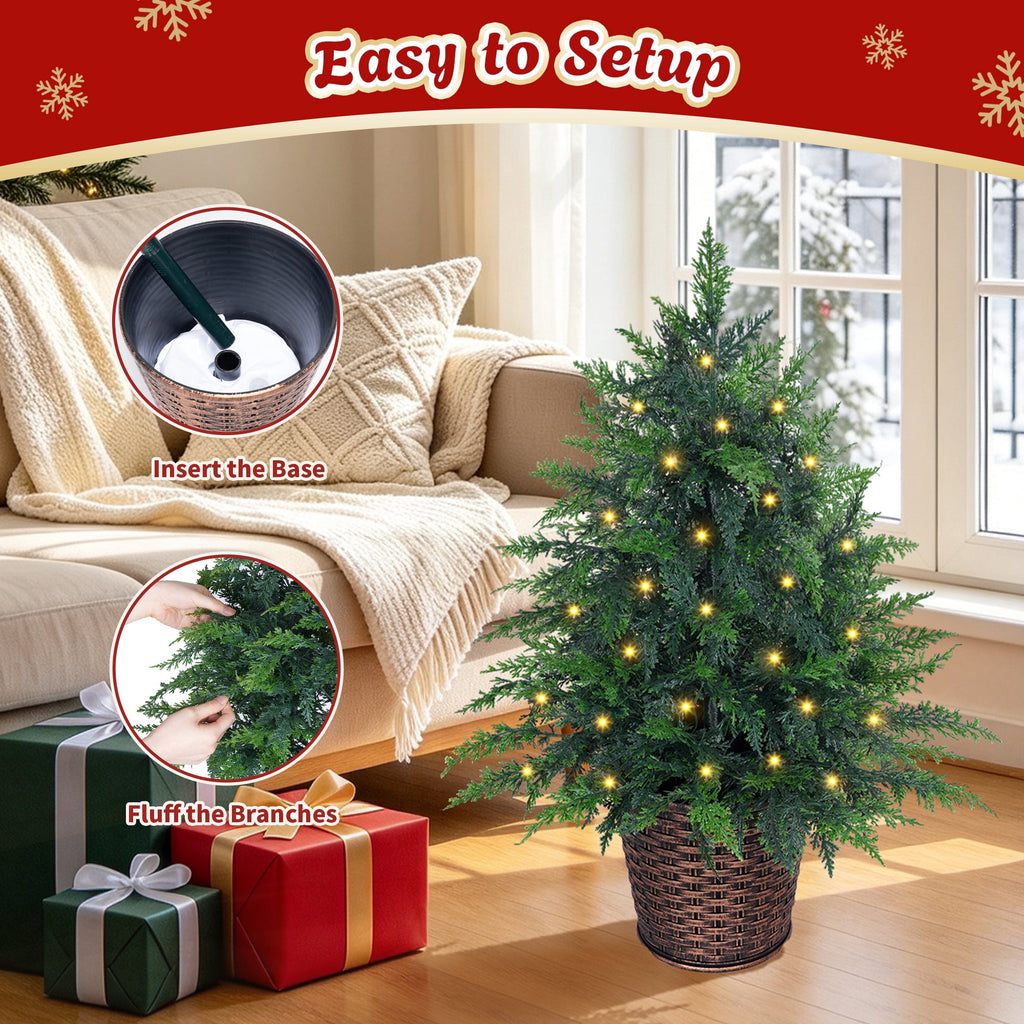Firstness 4Ft Pre-Lit Potted Christmas Trees with 8 Lighting Modes, PE Cypress Artificial Tree for Porch Entryway Indoor Outdoor Decor