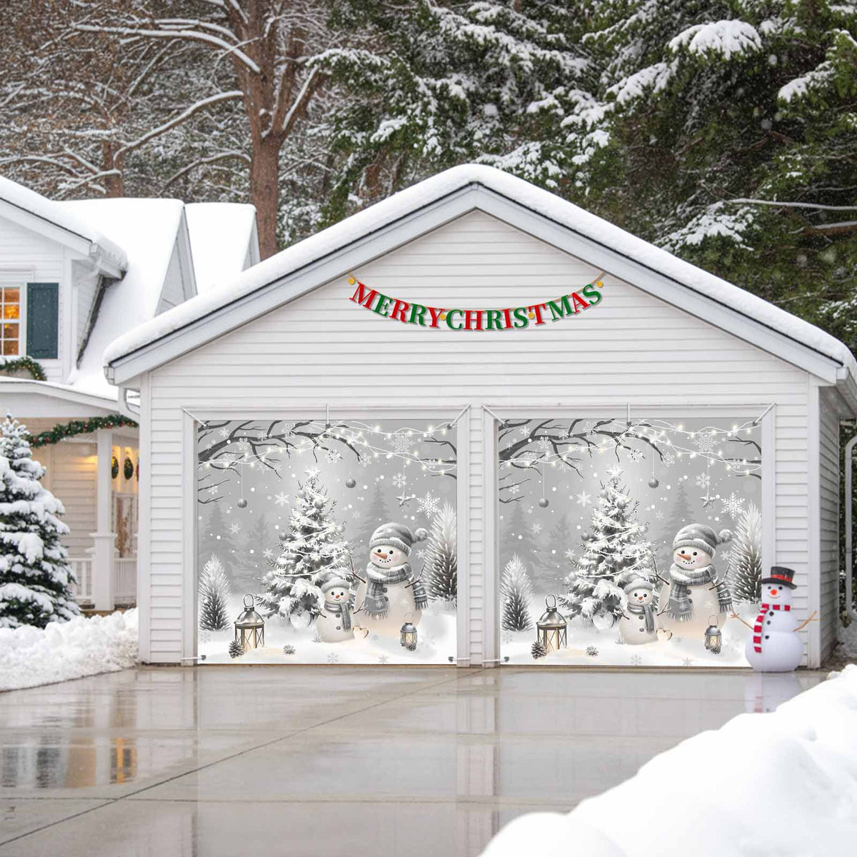 Fsddascl 7 x 16 Ft Christmas Garage Door Cover, Black Christmas Tree Large Garage Door Banner, Xmas Snowflake Green Golden Hanging Garage Mural Background for Indoor Outdoor Xmas Party Supplies