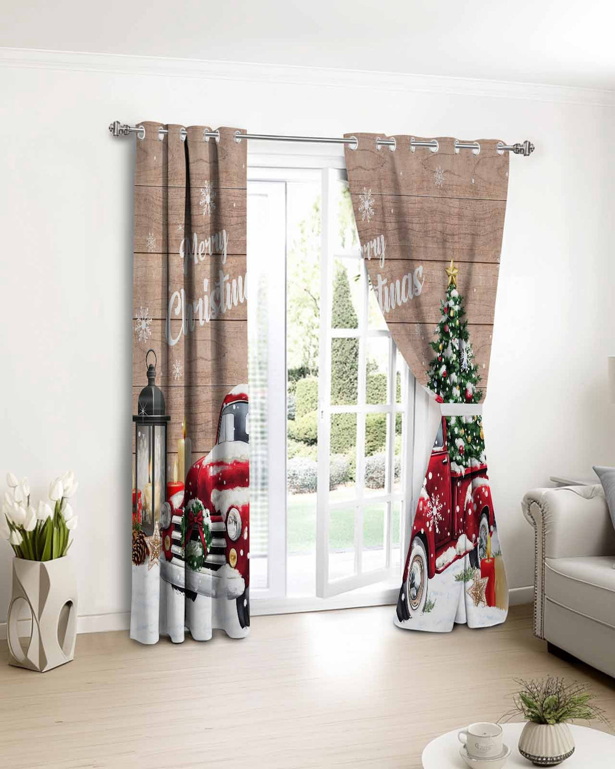 Red Truck Christmas Blackout Curtains 63 Inches Long for Bedroom,Xmas Tree Snowflake Gifts Winter Wooden Thermal Insulated Room Darkening Black Out Window Curtain Panels Grommet Living Room Drapes