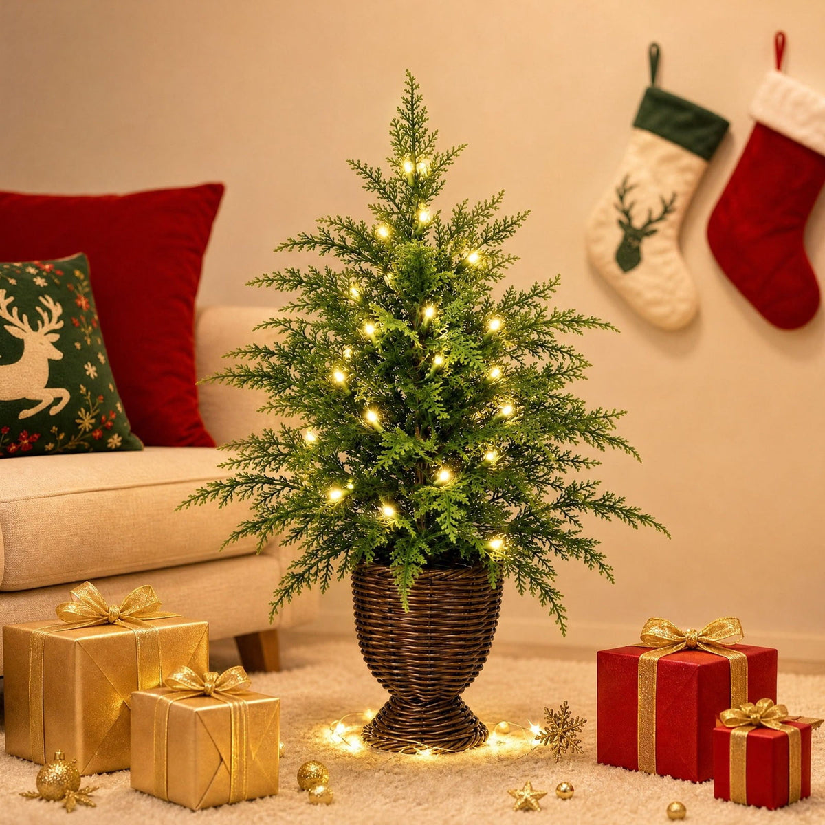 2.95 FT Premium Artificial Christmas Trees, Arbol de Navidad con luces Integradas, Artificial Christmas Tree Dense Needles, Pre-lit Christmas Trees with Lights for Holiday, Party(B)