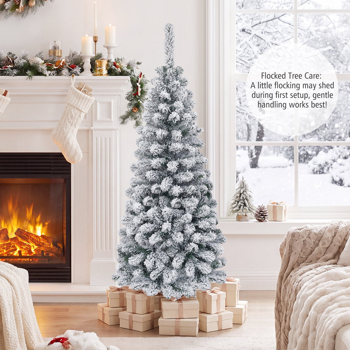 Costway 4.5 FT Unlit Flocked Pencil Christmas Tree Hinged with 242 Branch Tips