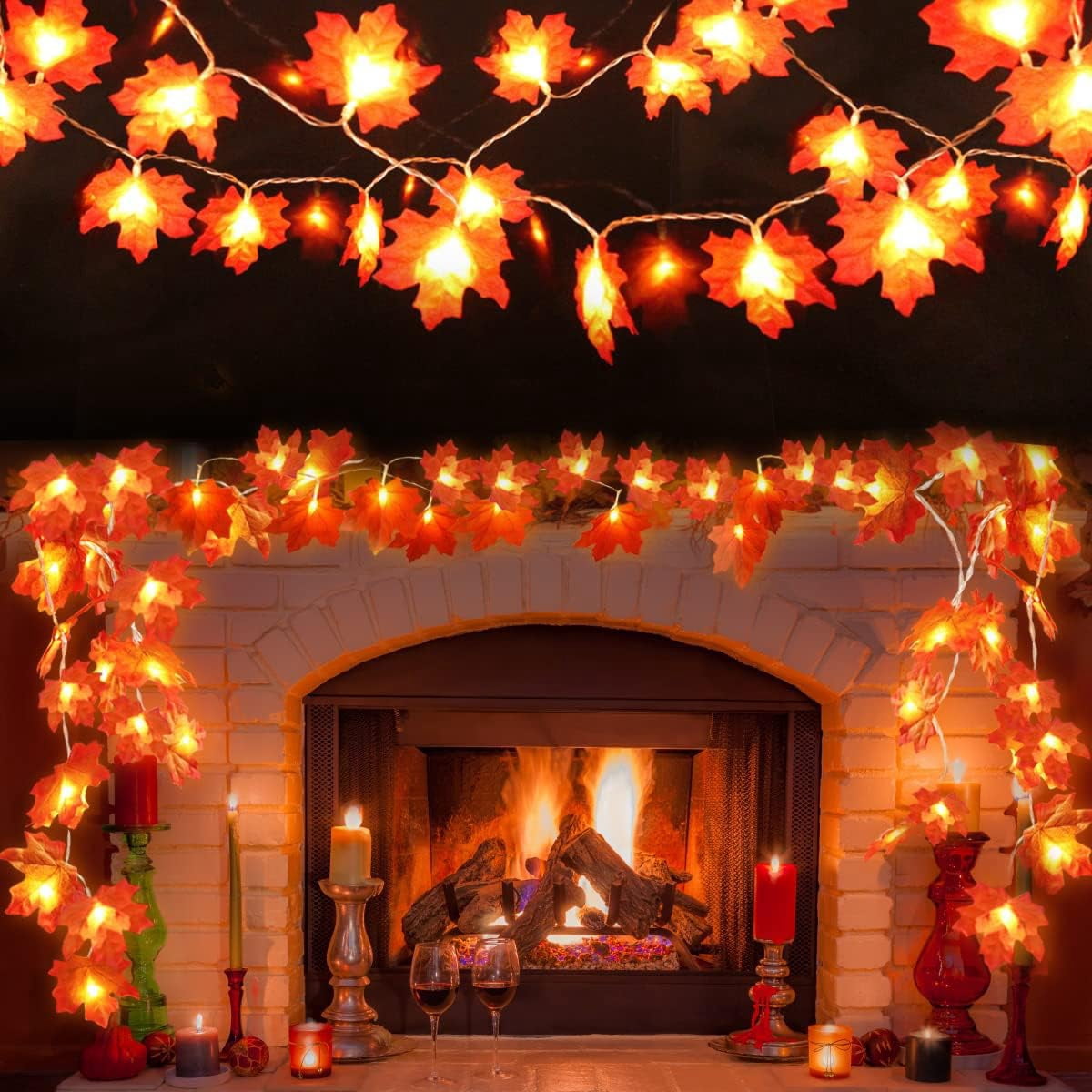 Scidweet 6 Pack Fall Garland with Lights, 60FT 120 LED Fake Autumn Maple Leaves Garland Indoor Outdoor Fall Decorations for Home Patio Party Table Thanksgiving Harvest Halloween Decor, Orange