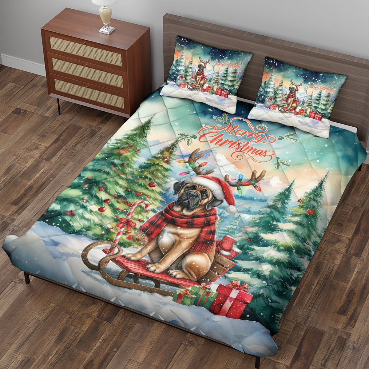 Merry Christmas Santa Reindeer Antlers French Bulldog Sleigh Xmas Winter Holiday Quilt Bedding Set Dog Lover Gifts 1 Blanket Bed Cover 2 Pillowcases - 00023