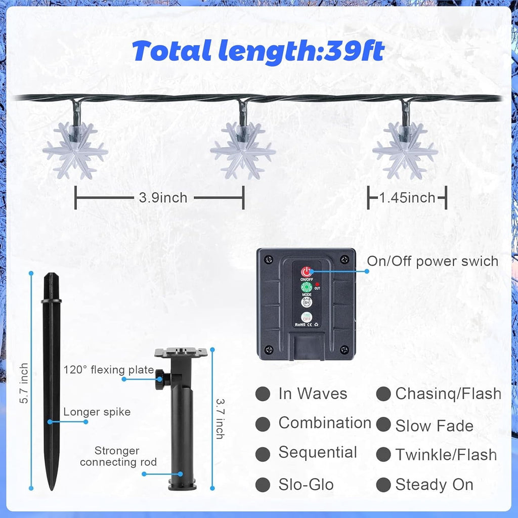 Fohil Solar Christmas Snowflake String Lights Outdoor Waterproof 100 LED Multicolor 8 Mode 39 ft for Christmas Tree Garden Fence Yard Decoration