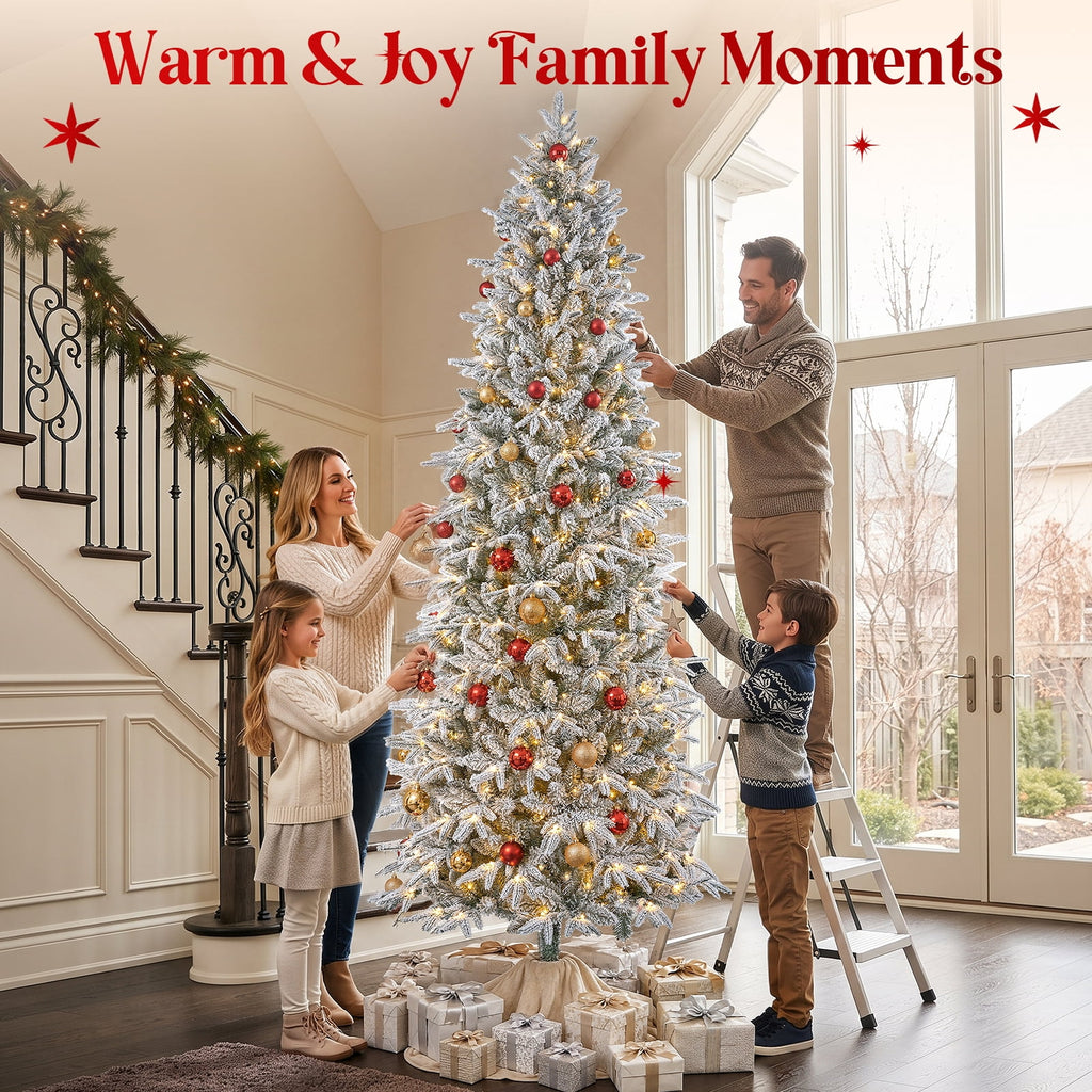 Goosiay 7FT Pre-Lit Flocked Fir Christmas Tree, 1060 PE & PVC Tips, 300 Warm White LED Lights, Snowy Hinged Artificial Christmas Tree for Living Room & Holiday Decor