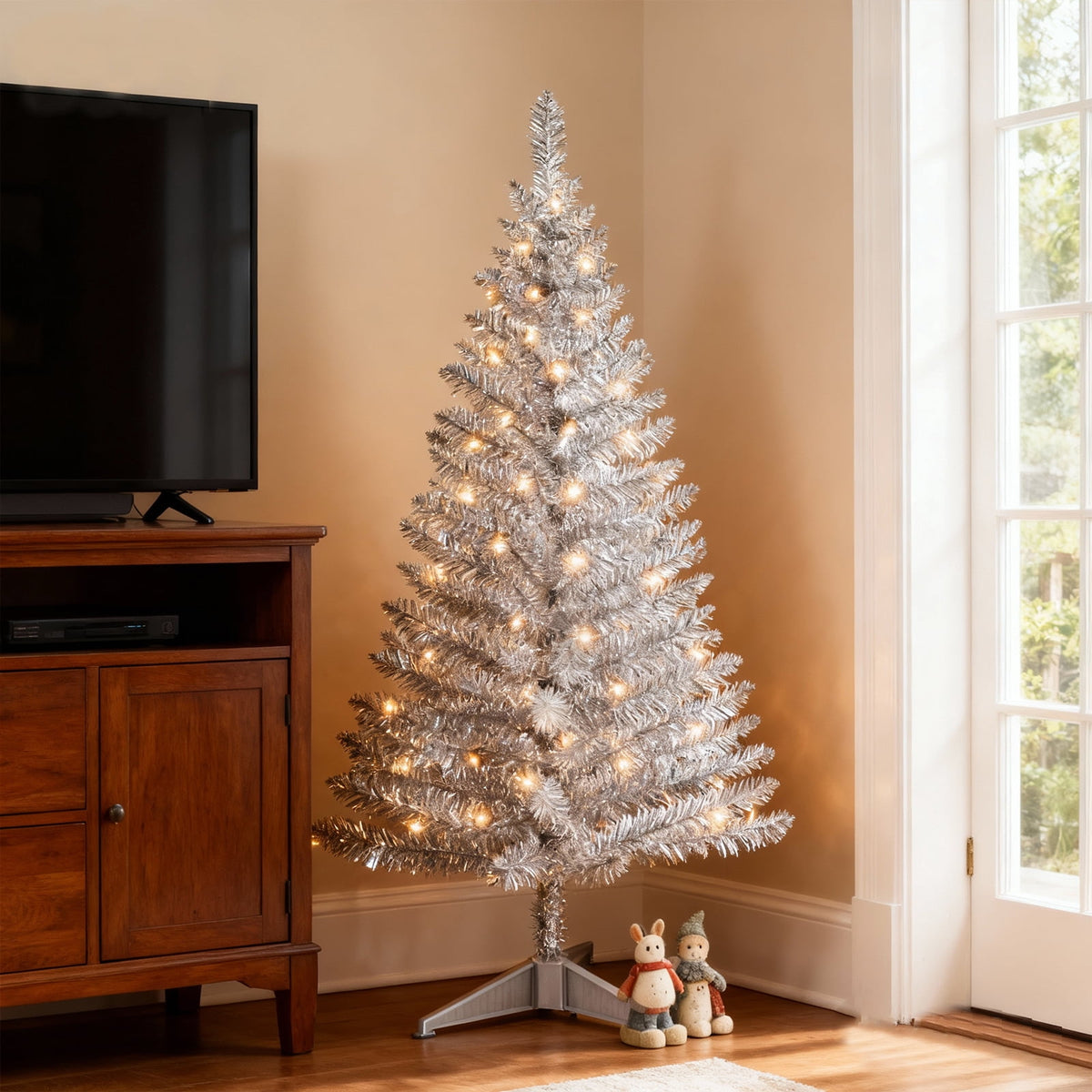 Bringstar 4FT Silver Artificial Christmas Tree with 50 String Lights, Mini Tinsel Tree, Not Pre-Lit, for Halloween & Holiday Home & Office Décor