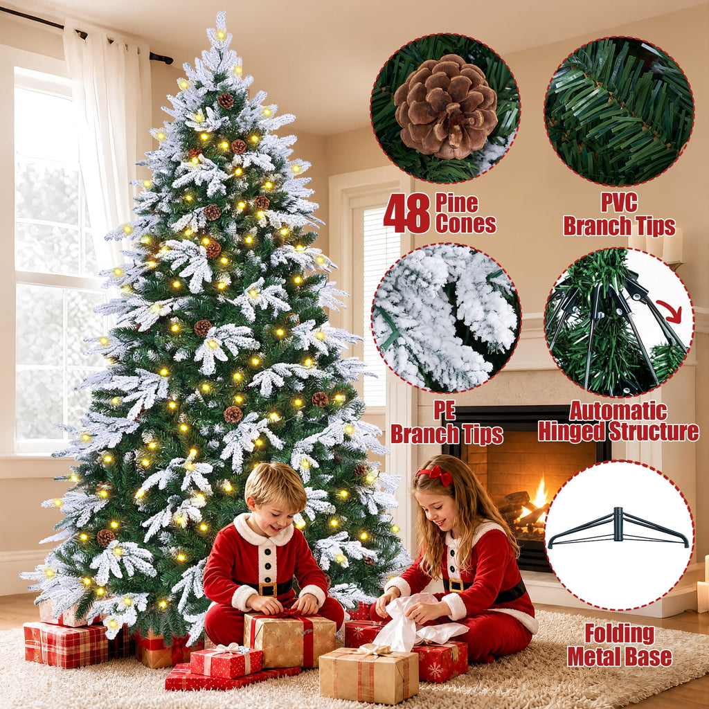 Firstness 6ft Artificial Christmas Tree with 1000 Branches and 250 LED Lights, Pre-Lit Flocked Xmas Tree,11 Lighting Modes,Pine Cones