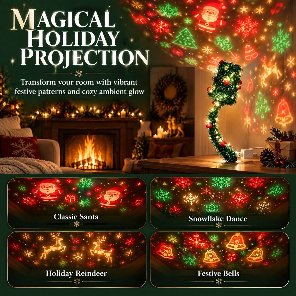 Magical Christmas Projection Night Light, USB Powered Holiday Projector with Festive Wall and Ceiling Effects for Bedroom, Living Room and Christmas Party Ambiance