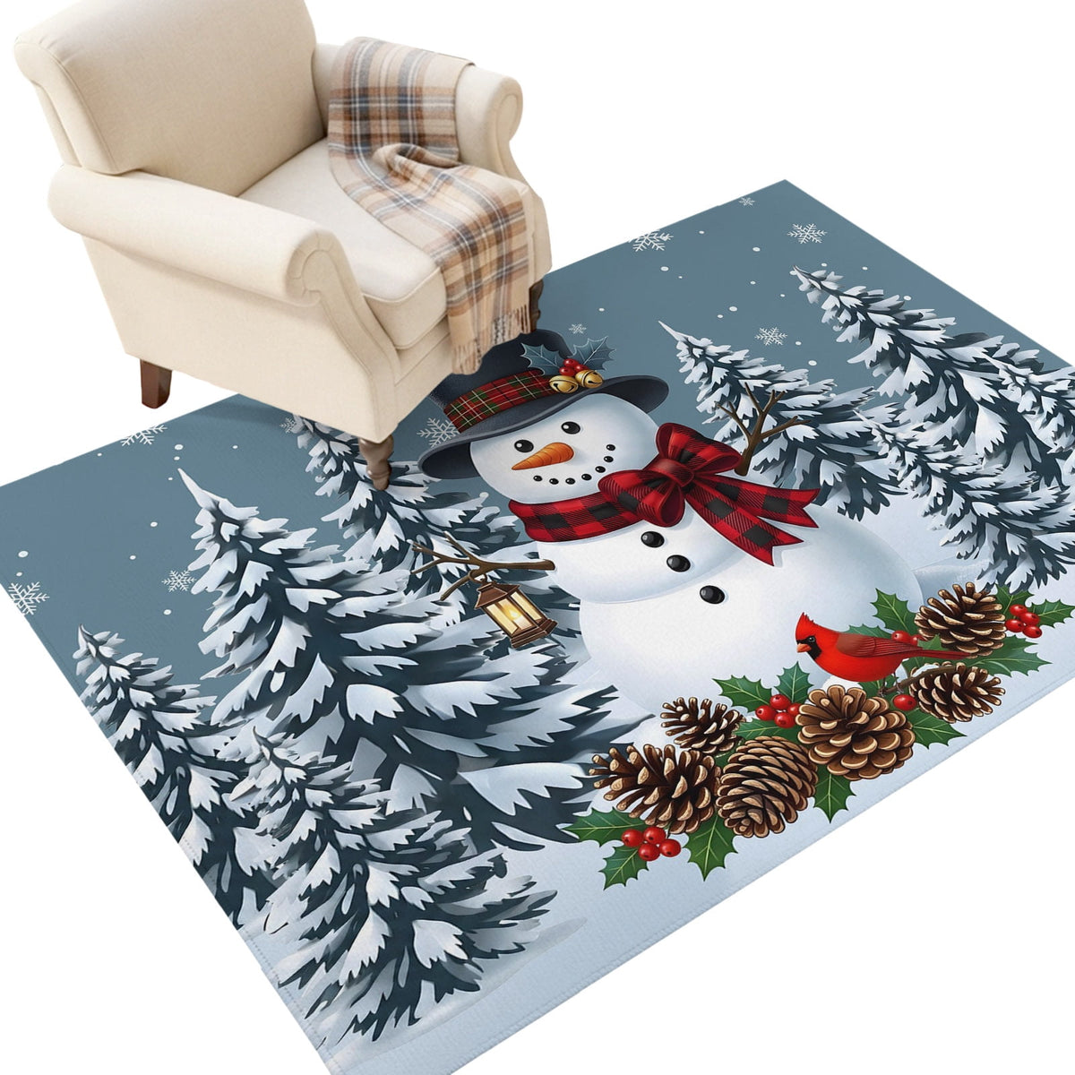 5x7 Area Rugs, Light Blue Snowman Christmas Non-Skid Rubber Backing Large Rectangle Rugs - Living Room Bedroom Home Office, Xmas Pinecone Tree Snowflake Indoor Floor Mat Carpets Washable Rug