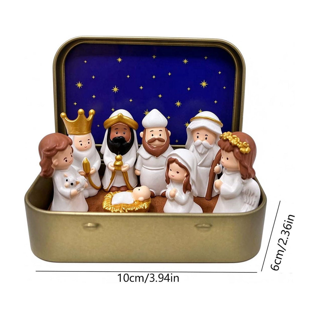Mini Christmas Nativity Set In Tin Box Jesus Birth Scene Figurines Decoration for Tabletop Party Office Decor & Christian Holiday Gifts
