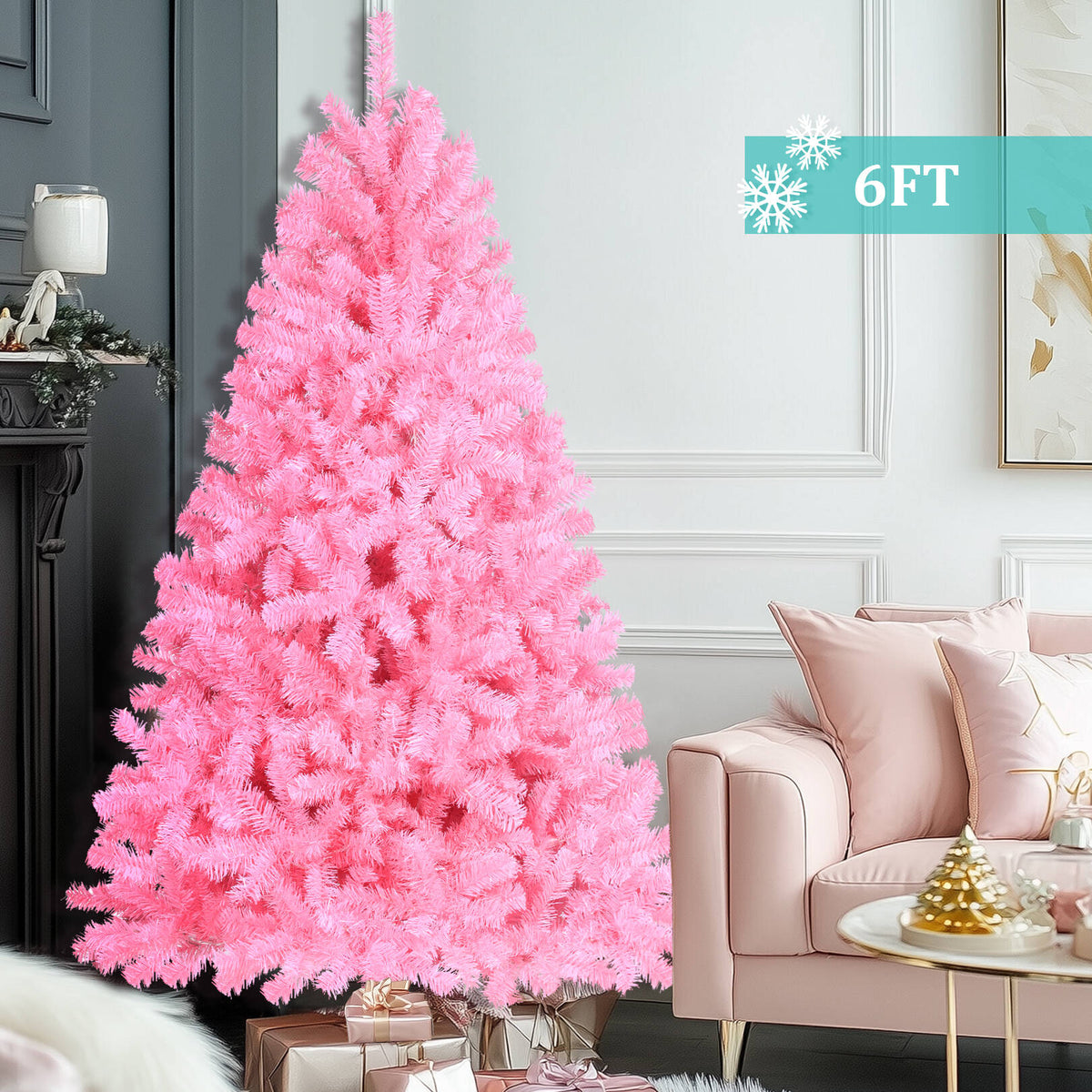 Funcid 6ft Pink Artificial Christmas Tree, Hinged Spruce Full Tree with 1477 Branch Tips, Foldable Metal Stand, New PVC Material, Xmas Tree for Indoor and Outdoor Decoration