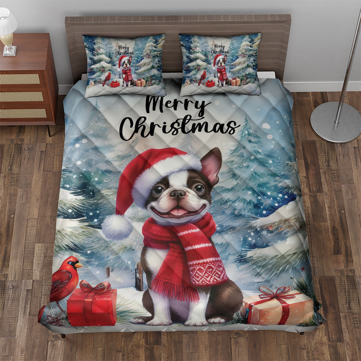 Merry Christmas French Bulldog Enjoys Woofmas Winter Xmas Holiday Quilt Bedding Set Dog Lover Gifts 1 Blanket Bed Cover 2 Pillowcases - 02022