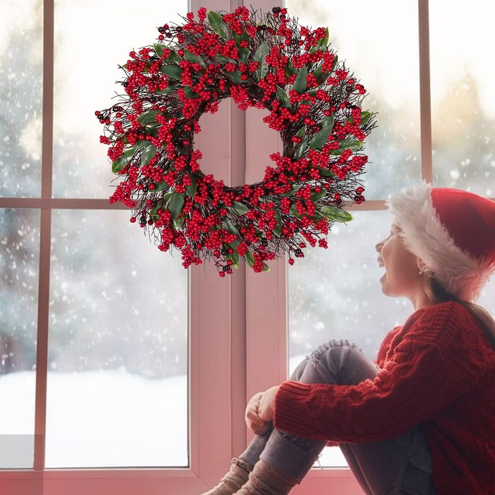 19 inches Christmas Wreaths Red Berry Wreath, Xmas Wreath with Berries for Front Door, Holly Winterberry Wreath for Home Christmas Wall Fireplace Window Party Holiday Decor