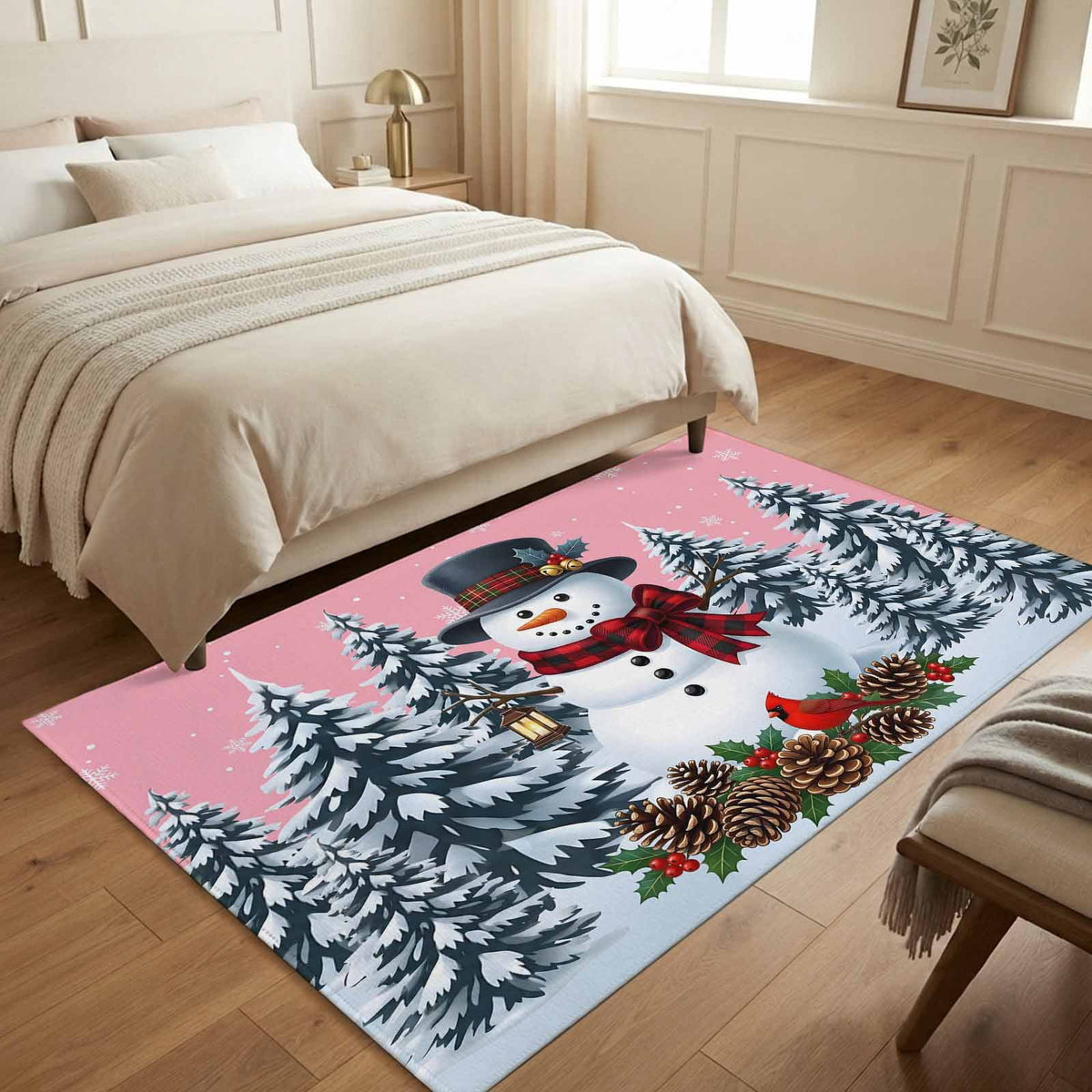 5x7 Area Rugs, Light Blue Snowman Christmas Non-Skid Rubber Backing Large Rectangle Rugs - Living Room Bedroom Home Office, Xmas Pinecone Tree Snowflake Indoor Floor Mat Carpets Washable Rug