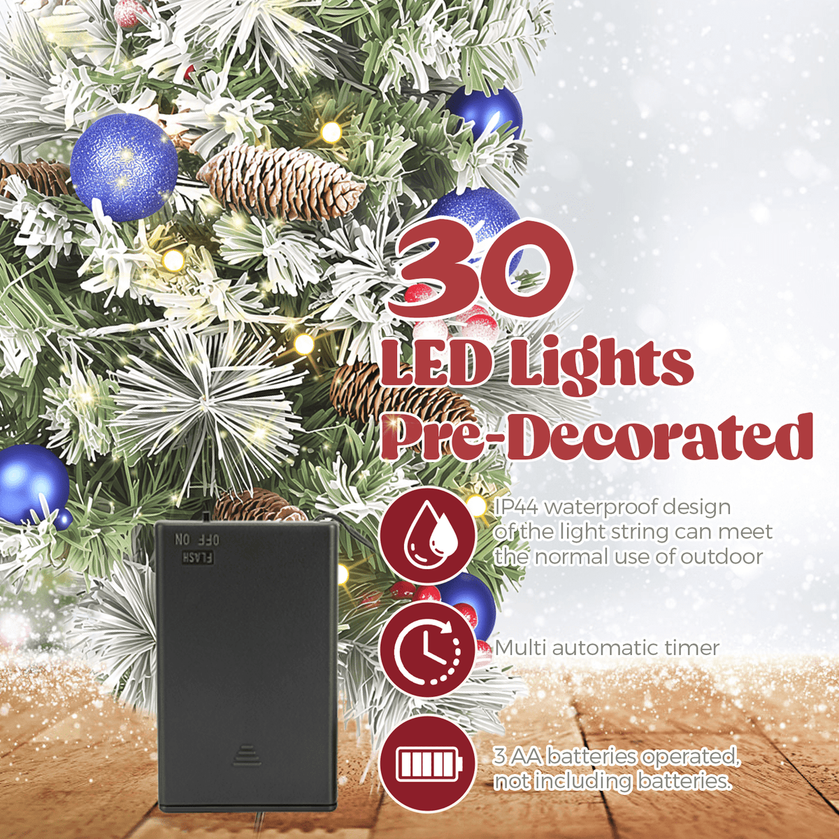 2 Pack 30 inch Prelit Outdoor Christmas Tree, Small Pre-Decorated Green Xmas Tree with Cones & Red Berries, 30 Warm Lights, Urn Filler Holiday Decor for Entrance Driveway, Yard, Garden