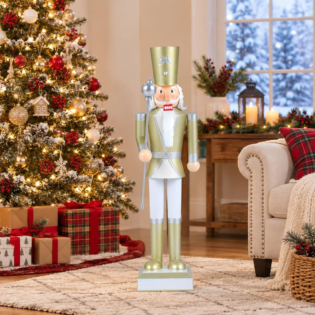 Airfind 32.5 Inch Christmas Nutcracker with High Hat and Beautiful Scepter-White & Golden, Metal Frame, 7.5" x 7.5" x 32.5" Footprint, White