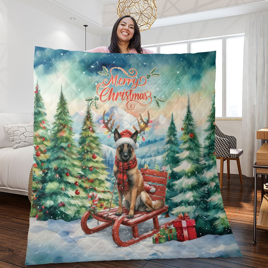 Merry Christmas Santa Reindeer Antlers French Bulldog Sleigh Xmas Winter Holiday Quilt Bedding Set Dog Lover Gifts 1 Blanket Bed Cover 2 Pillowcases - 00023