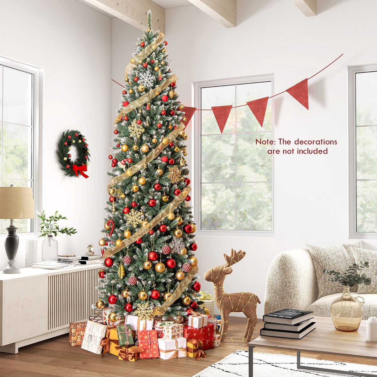 Gymax 9 FT Pre-Lit Artificial Christmas Tree Hinged Slim Pencil Xmas Tree w/ 1298 Snowy Branch Tips