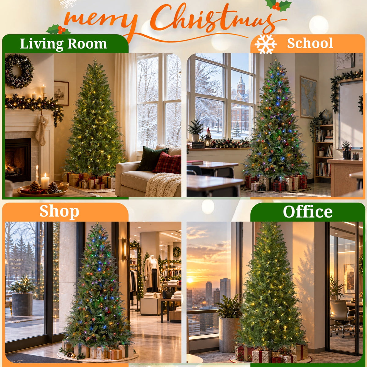 Goosiay 6FT Pre-Lit Artificial Christmas Tree, Slim Cypress Christmas Tree with Realistic Branches, 877 PE & PVC Tips and 250 Lights for Living Room, Office, Bedroom and Indoor Holiday Decor