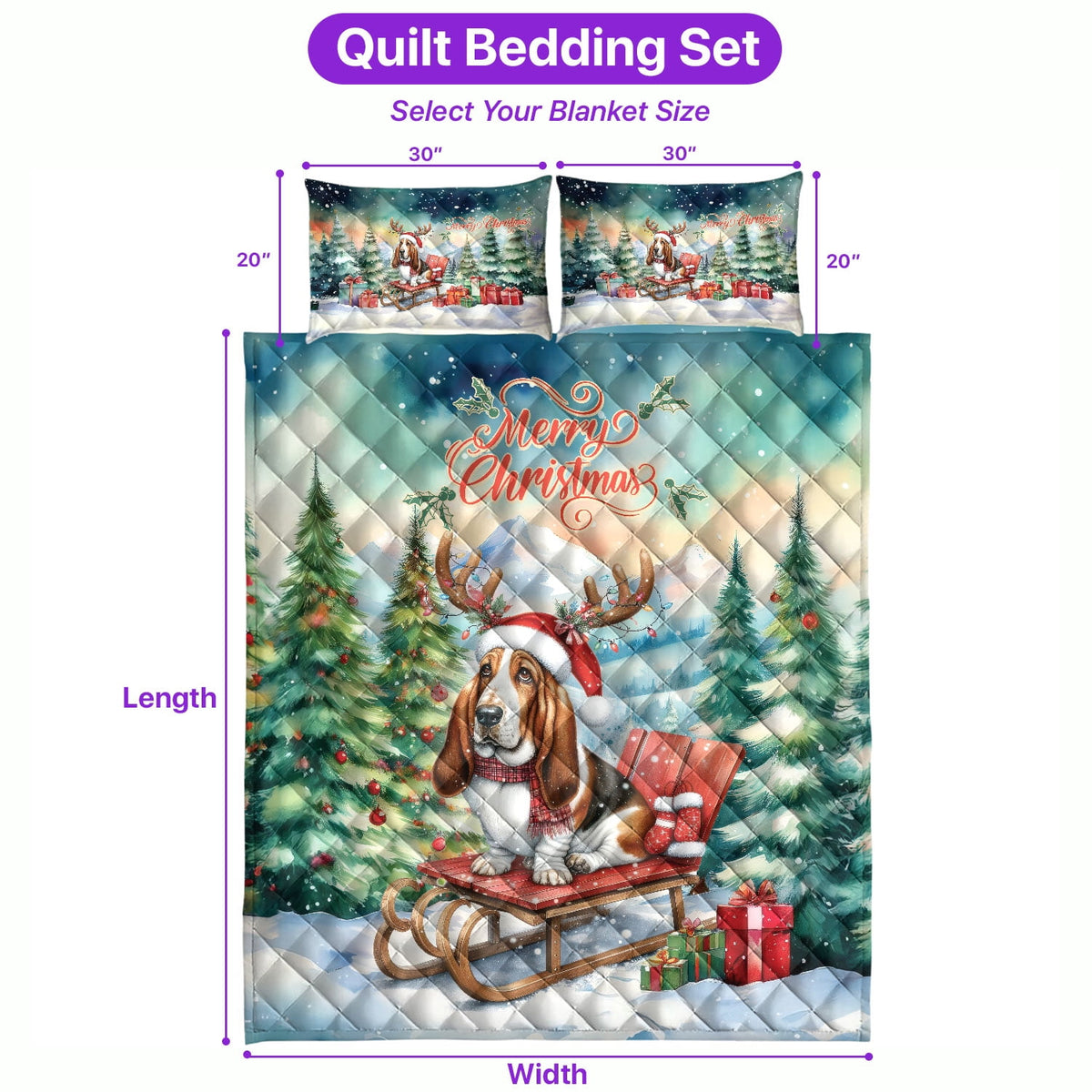 Merry Christmas Santa Reindeer Antlers French Bulldog Sleigh Xmas Winter Holiday Quilt Bedding Set Dog Lover Gifts 1 Blanket Bed Cover 2 Pillowcases - 00023