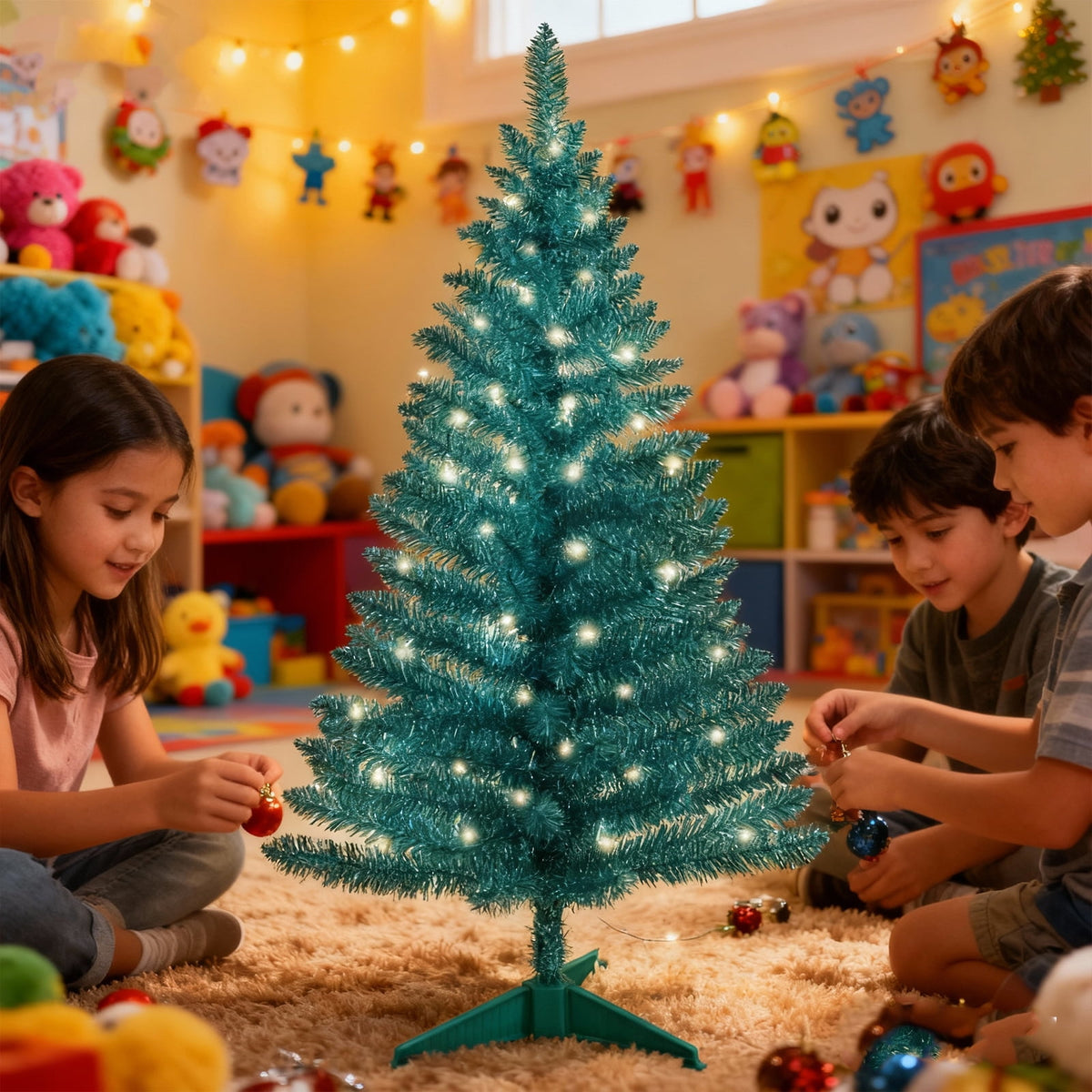 Bringstar 4FT Silver Artificial Christmas Tree with 50 String Lights, Mini Tinsel Tree, Not Pre-Lit, for Halloween & Holiday Home & Office Décor