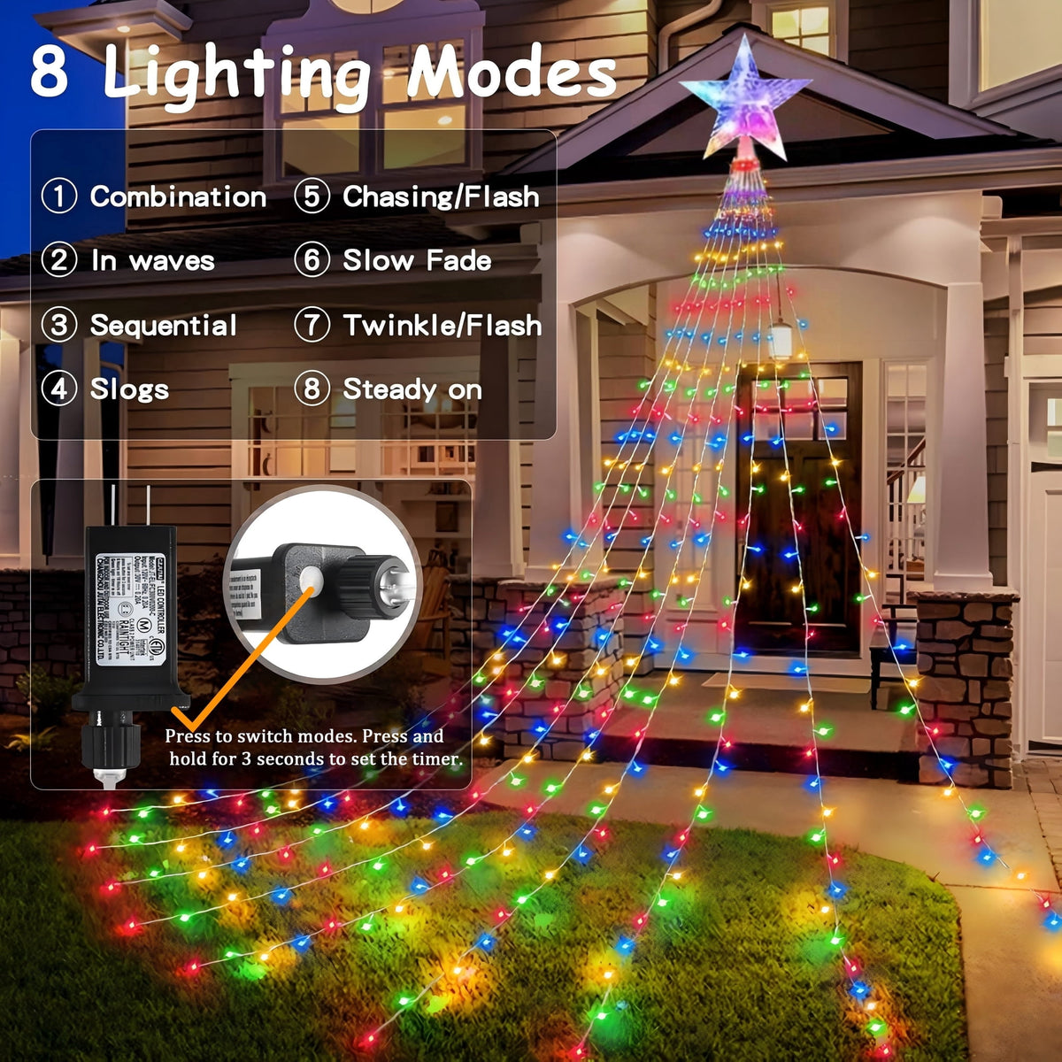 PMMIPNW Christmas Tree Lights Plug in 180LED, 8 Modes Christmas String Light with Topper Star, Waterfall Xmas Tree Lights with Timer for 6ft - 8ft Tree Wall Decoration (Multicolor)
