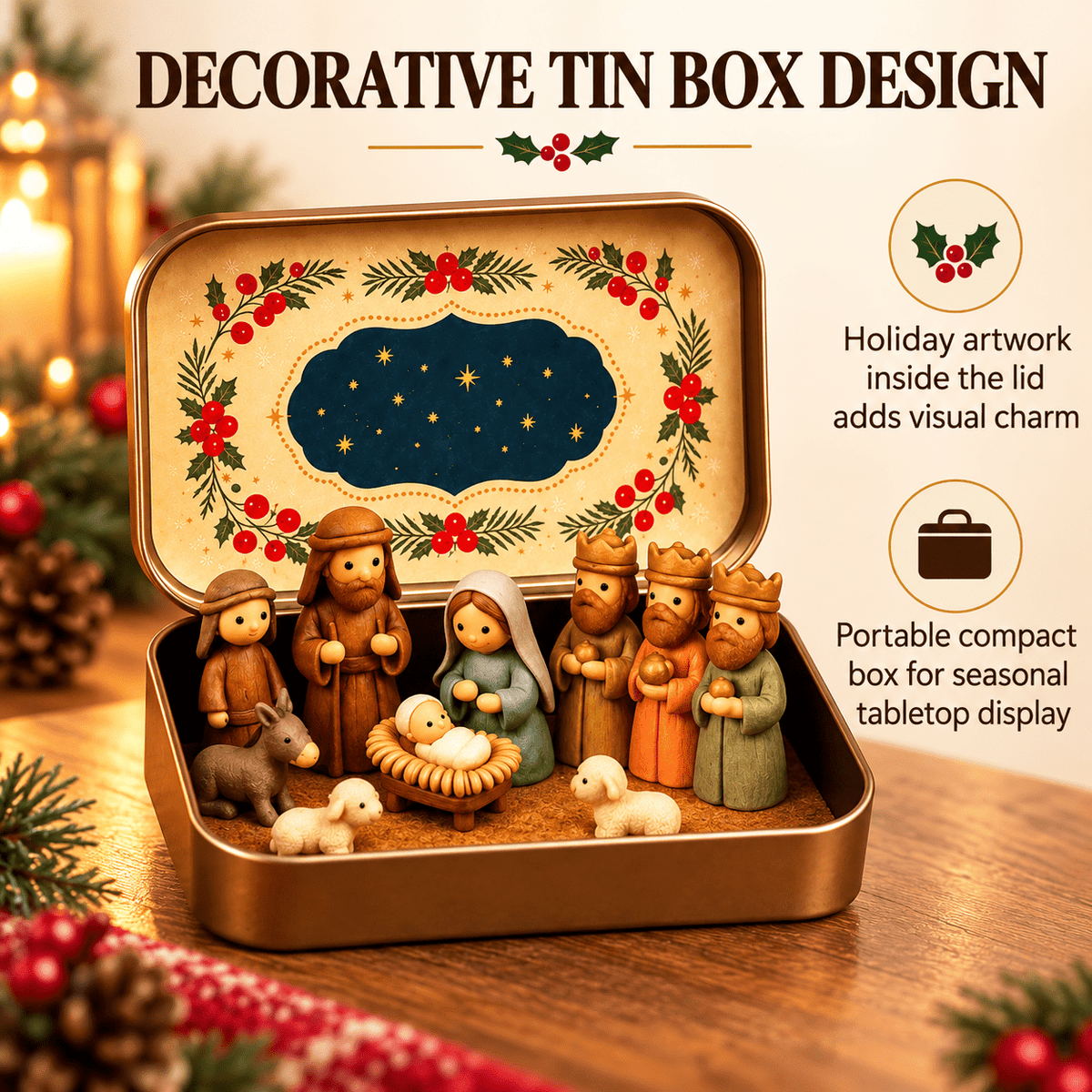 Christmas Nativity Scene in a Tin Mini Manger Scene Portable Tin Box Tabletop Decor for Mantel Shelf Fireplace Desk Holiday Decoration