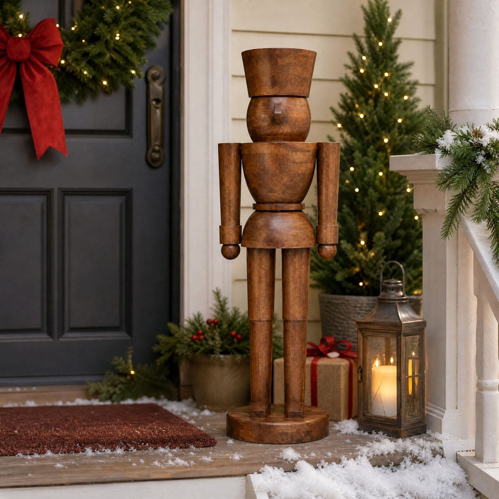 Wood Nutcracker Christmas Decoration, Brown, 36 Inch Drummer Nutcracker Figurine, Large Rustic Floor Standing Christmas Decor for Farmhouse Entryway Mantel Home