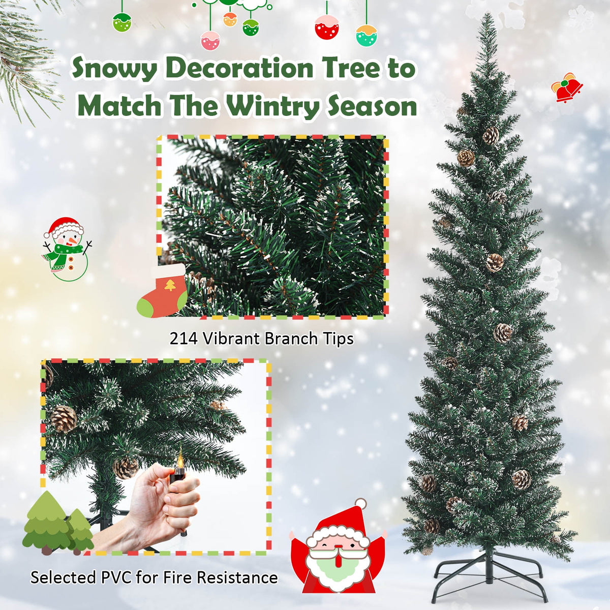 Topbuy 5FT Slim Pencil Tree Snowy Artificial Christmas Tree with 214 PVC Branch Tips & 25 Pine Cones Full Holiday Decoration Tree for Xmas