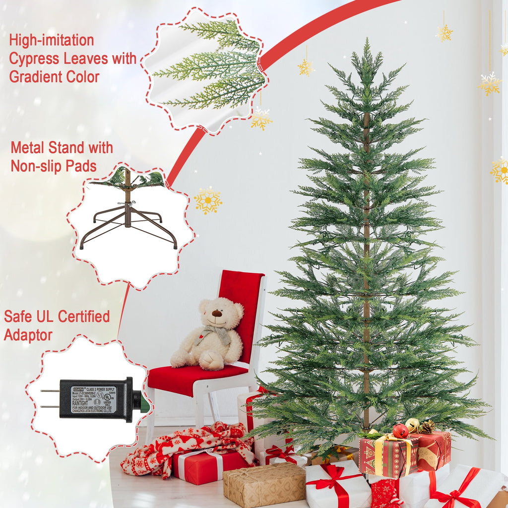 Topbuy 6.5 FT Artificial Cypress Christmas Tree Pre-lit Hinged Xmas Tree with 430 Warm White LED Lights 470 Highly Simulated Branch Tips
