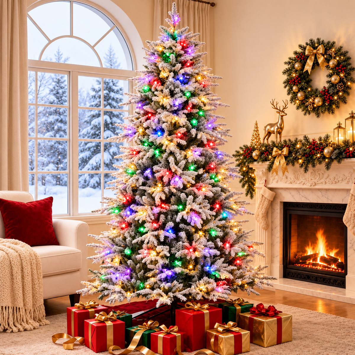 Vebreda 6ft Pre-Lit Flocked Artificial Aspen Noble Fir Christmas Tree with 1,350 Branch Tips & 300 LED Lights, Hinged Artificial Holiday Tree with Metal Stand