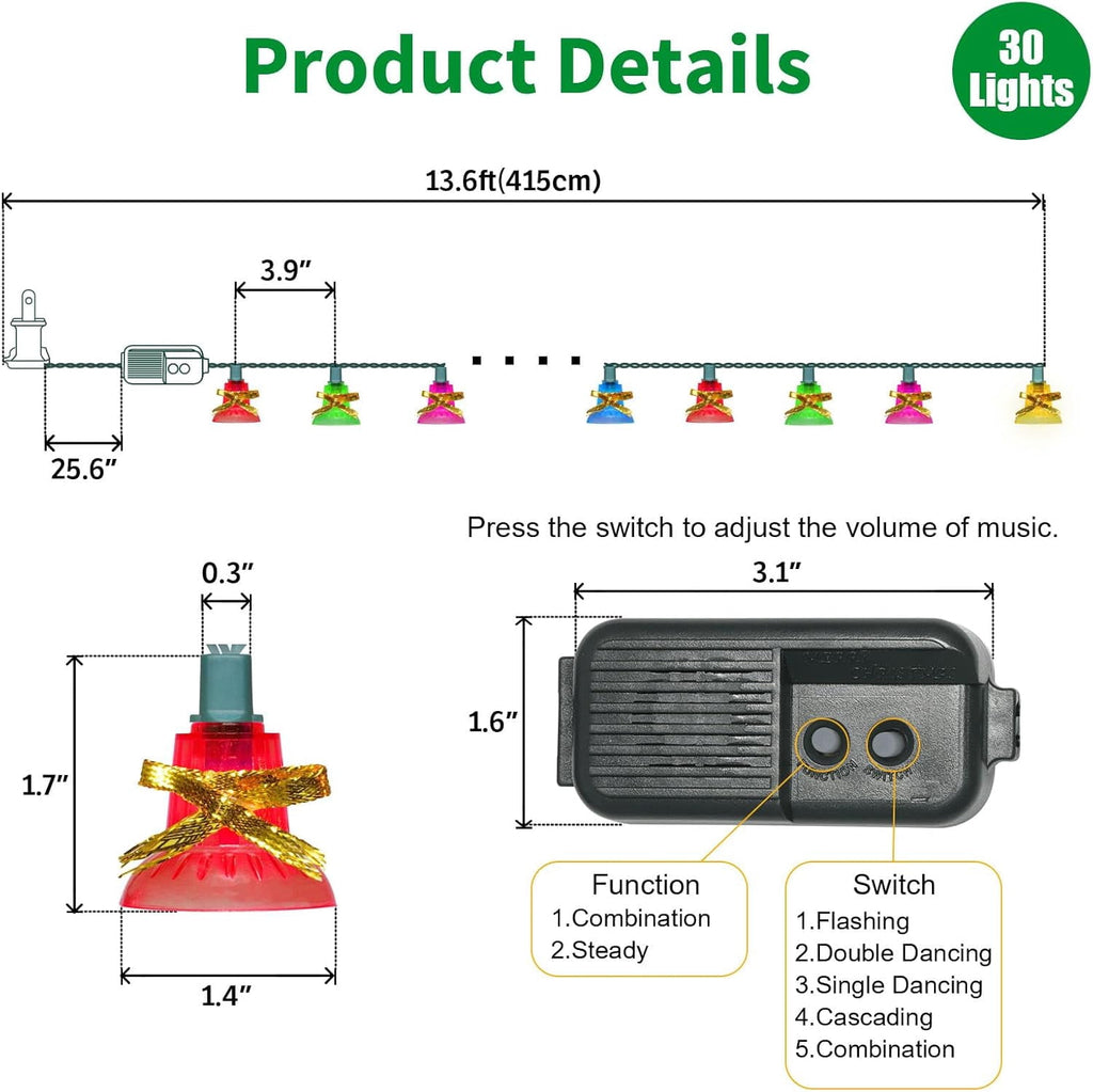 30 Lights Christmas Musical Bell String Lights, 25 Classical Holiday Songs, 7 Functions Multicolor Incandescent Bulb Green Wire Light with Multicolor Bells for Indoor Xmas Tree Decorations