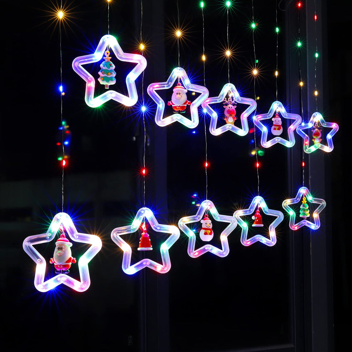 WILLED Christmas String Lights, 120 LED Window Curtain Lights with Christmas Ornaments, 9.8ft USB Powered Warm White Waterproof Fairy Lights Indoor Outdoor for Xmas Tree Patio Garden Party Home Decor